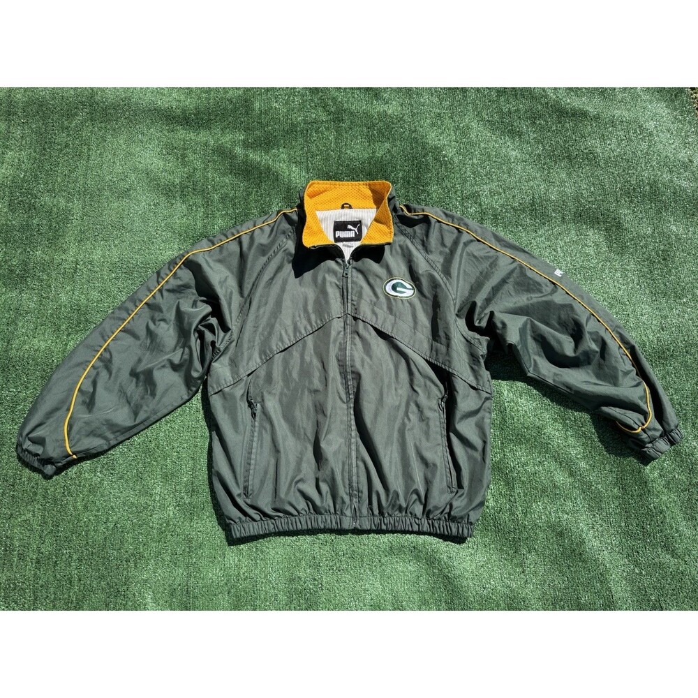 Vintage 90s Green Bay Packers Puma NFL Vented Windbreaker Jacket Large Full Zip